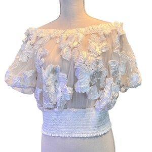 Item #A073 - CQ by CQ  Romantic White Off-Shoulder crop top ,sheer mesh,  M